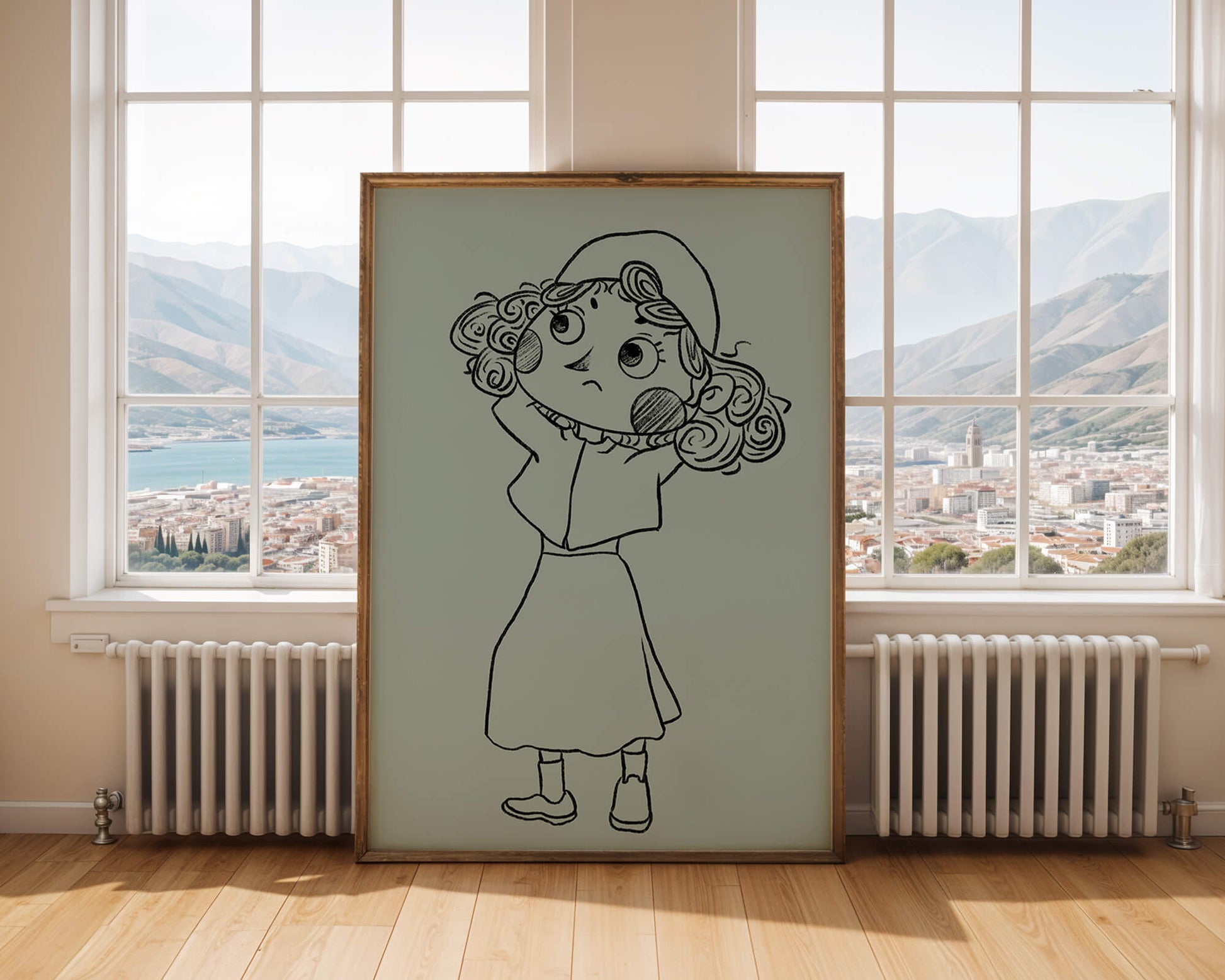 Ilustración a mano de un personaje de dibujos animados pensativo con cabello rizado y gorro