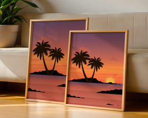 Sunset Over Tropical Island with Palm Trees and Birds - Mi tienda