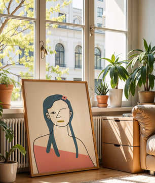 Abstract Portrait with Blue Hair and Floral Accent - Mi tienda