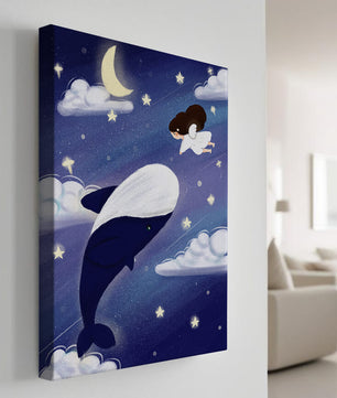Whimsical night scene with flying angel and whale