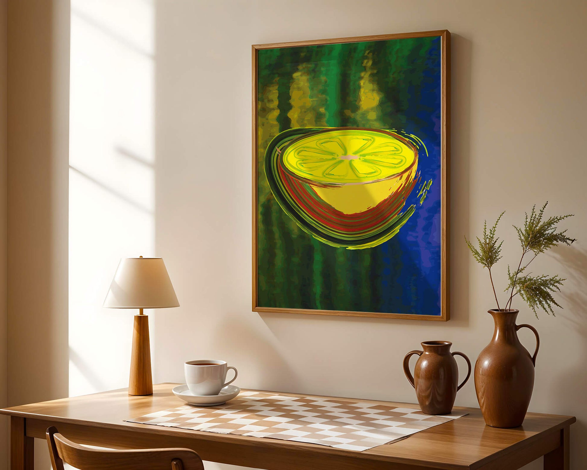 Vibrant abstract lemon slice with a colorful background