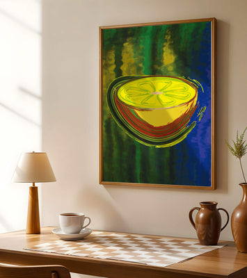 Vibrant abstract lemon slice with a colorful background