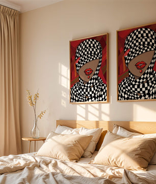 Abstract Art of Woman with Checkered Pattern and Red Lips - Mi tienda