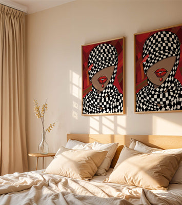 Abstract Art of Woman with Checkered Pattern and Red Lips