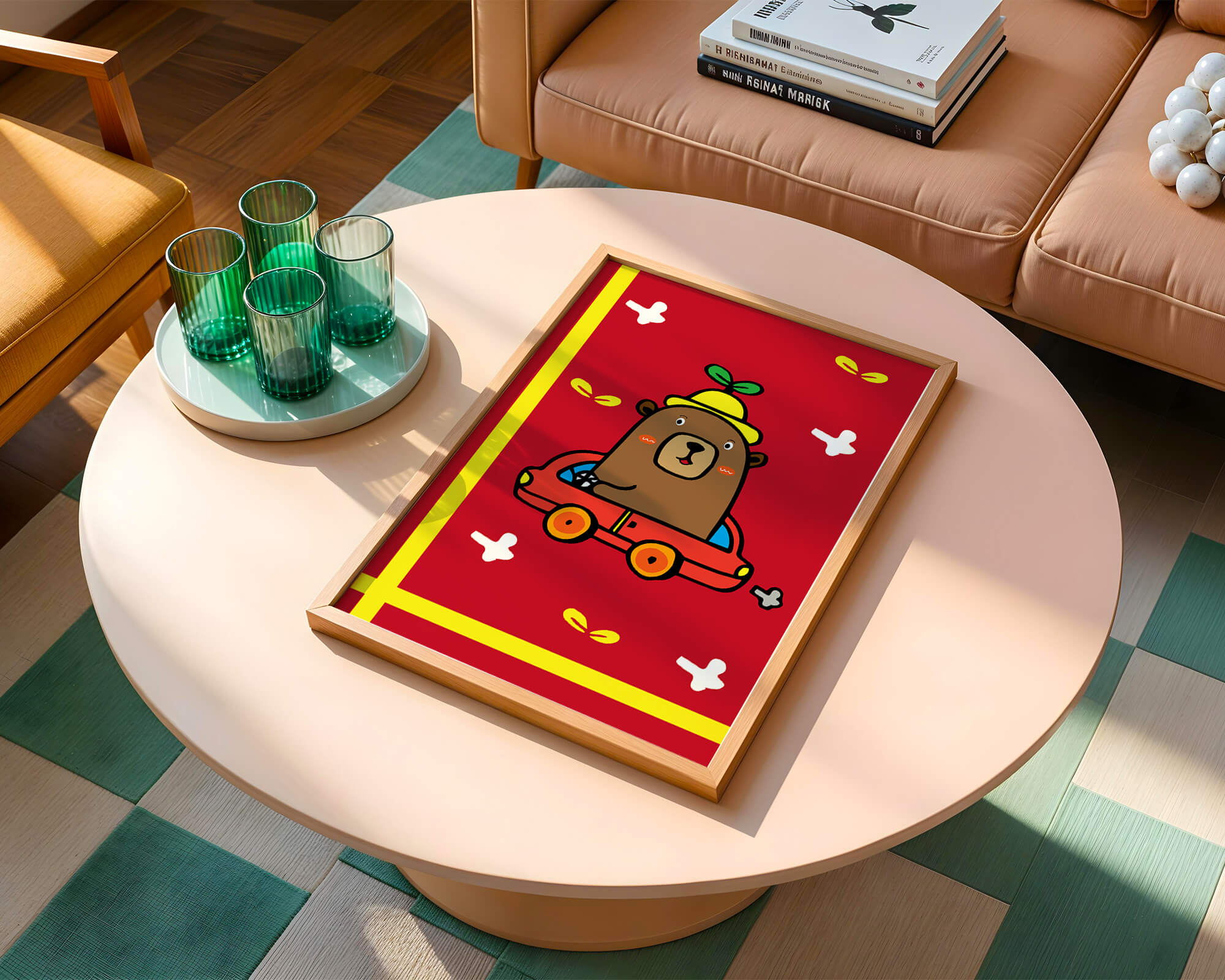 Whimsical bear driving a car on a bright red background