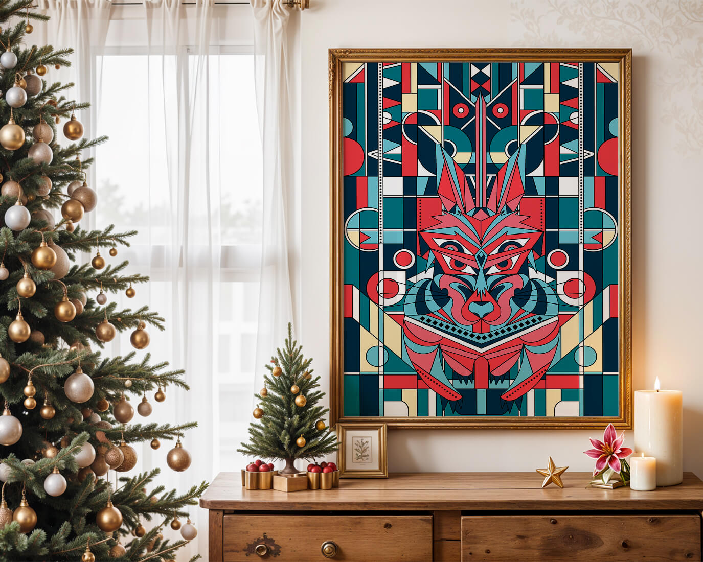 Arte abstracto geométrico de lobo con influencias tribales