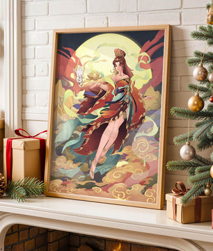 An enchanting depiction of a celestial figure with a mystical rabbit and vibrant attire