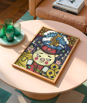 Colorful illustration featuring a whimsical pig and koi fish with decorative elements