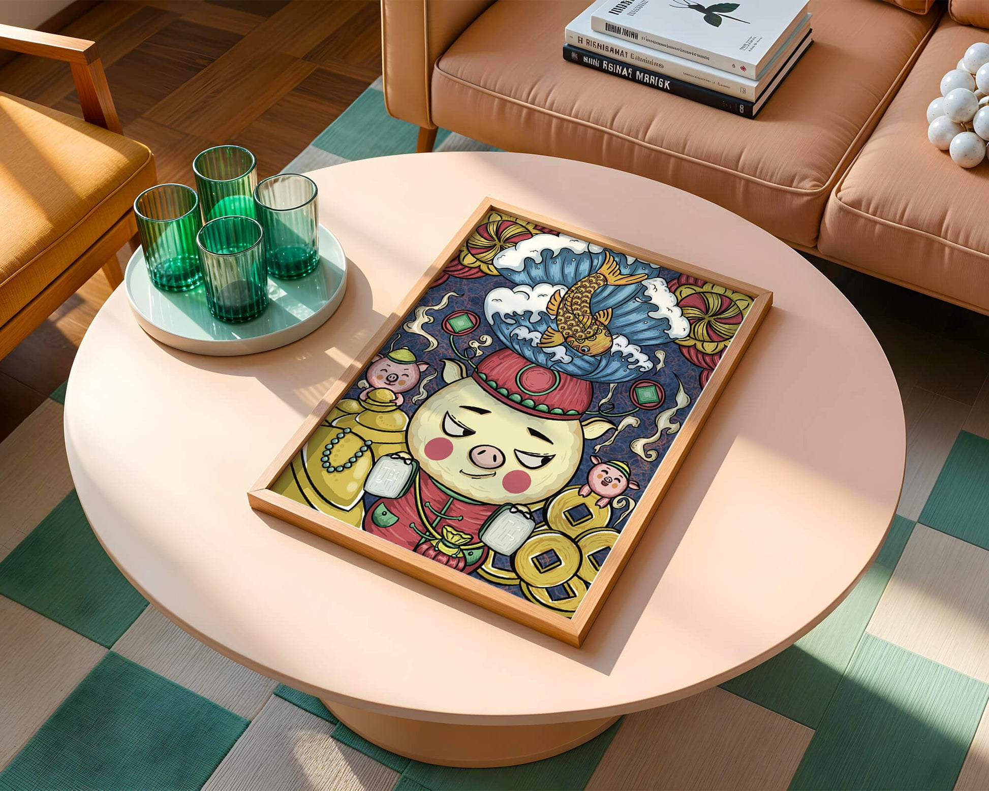 Colorful illustration featuring a whimsical pig and koi fish with decorative elements
