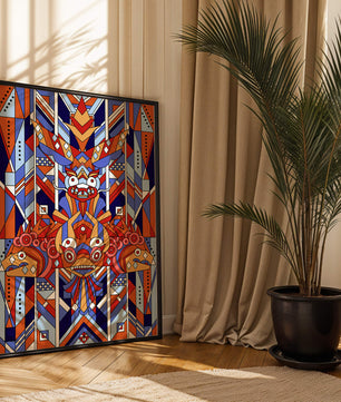 Arte tribal geométrico con colores vibrantes y patrones simétricos