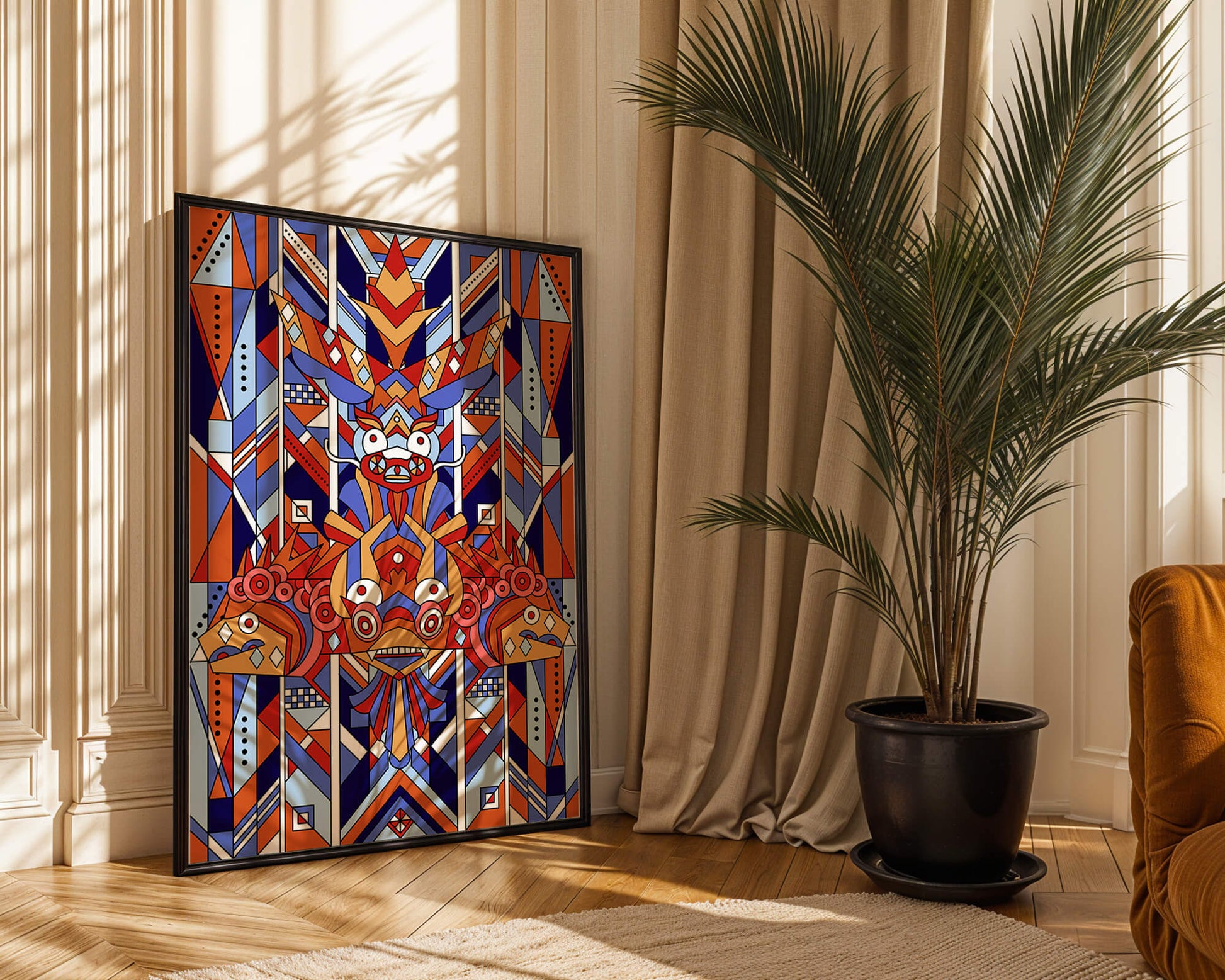 Arte tribal geométrico con colores vibrantes y patrones simétricos