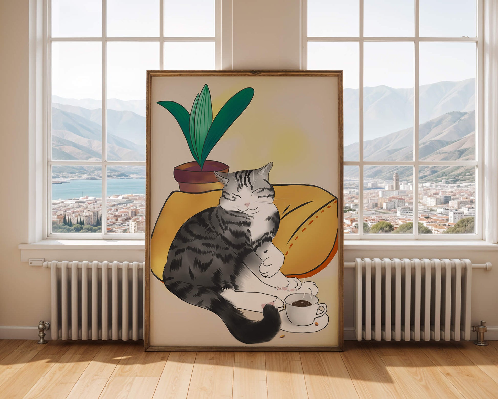 Entspannte Katze mit Kaffee und Pflanze auf gemütlichem Kissen