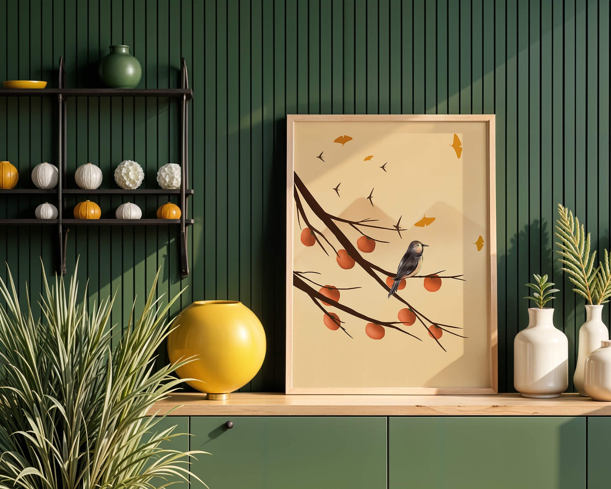 Bird Perched on Branch with Red Fruits and Flying Leaves
