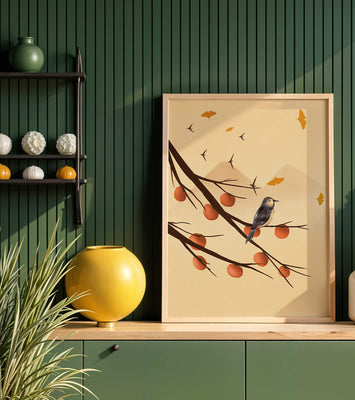 Bird Perched on Branch with Red Fruits and Flying Leaves