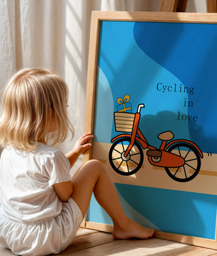 Bicicleta colorida con un regalo en la cesta sobre fondo azul