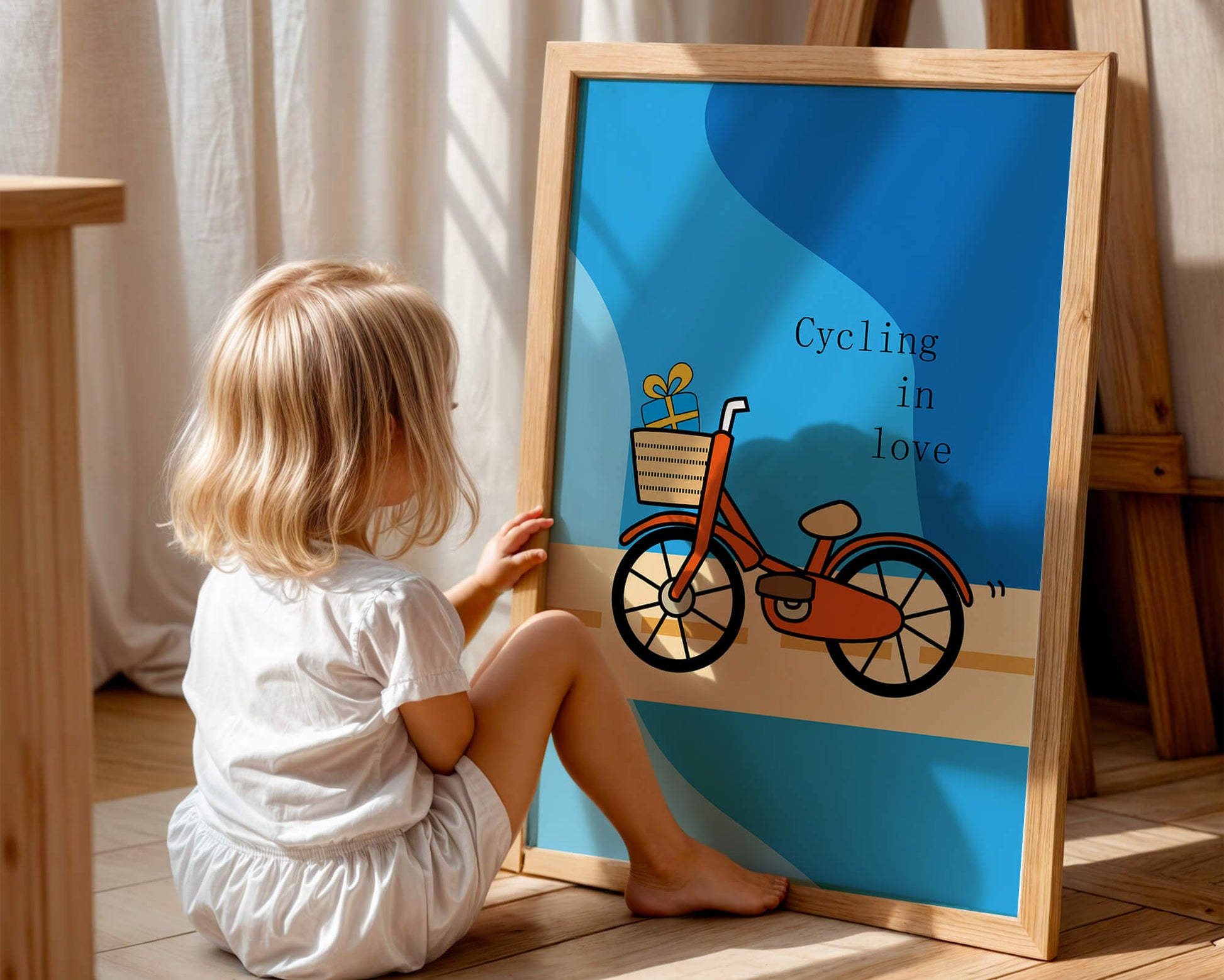 Colorful bicycle with a gift in basket against blue background