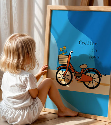 Colorful bicycle with a gift in basket against blue background