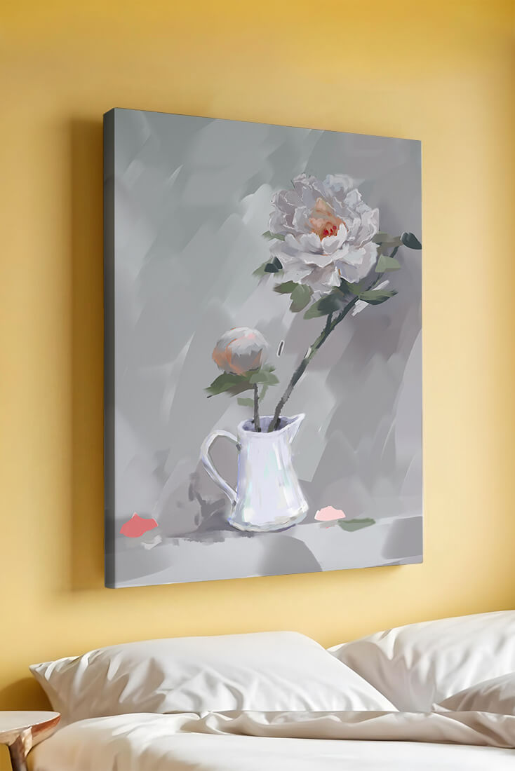 Elegant white peonies in a ceramic jug with soft pastel background