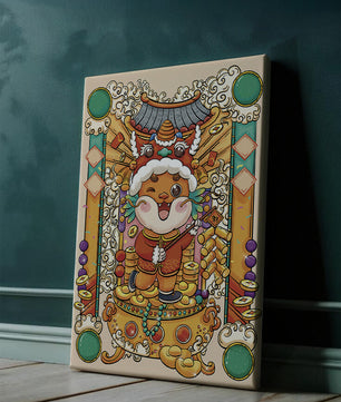 Bunte Illustration eines niedlichen Tieres in traditioneller Festtagskleidung mit goldenen Elementen