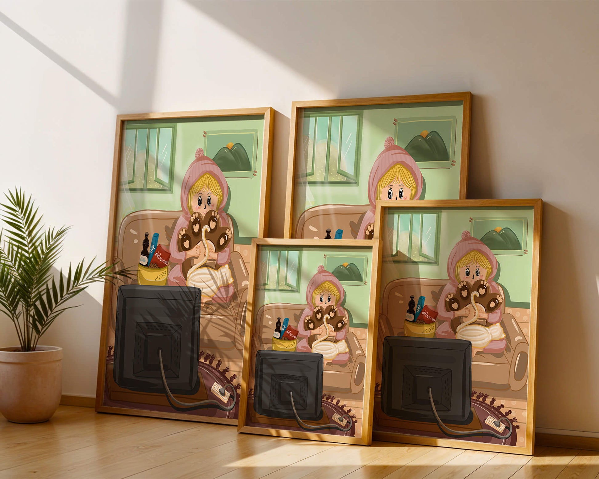 Cozy cartoon scene: person with cat and snacks on a sofa