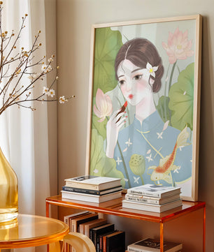 Elegant Woman in Traditional Dress with Lotus and Koi Fish - Mi tienda