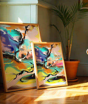 Pintura abstracta colorida con líneas vibrantes y dinámicas