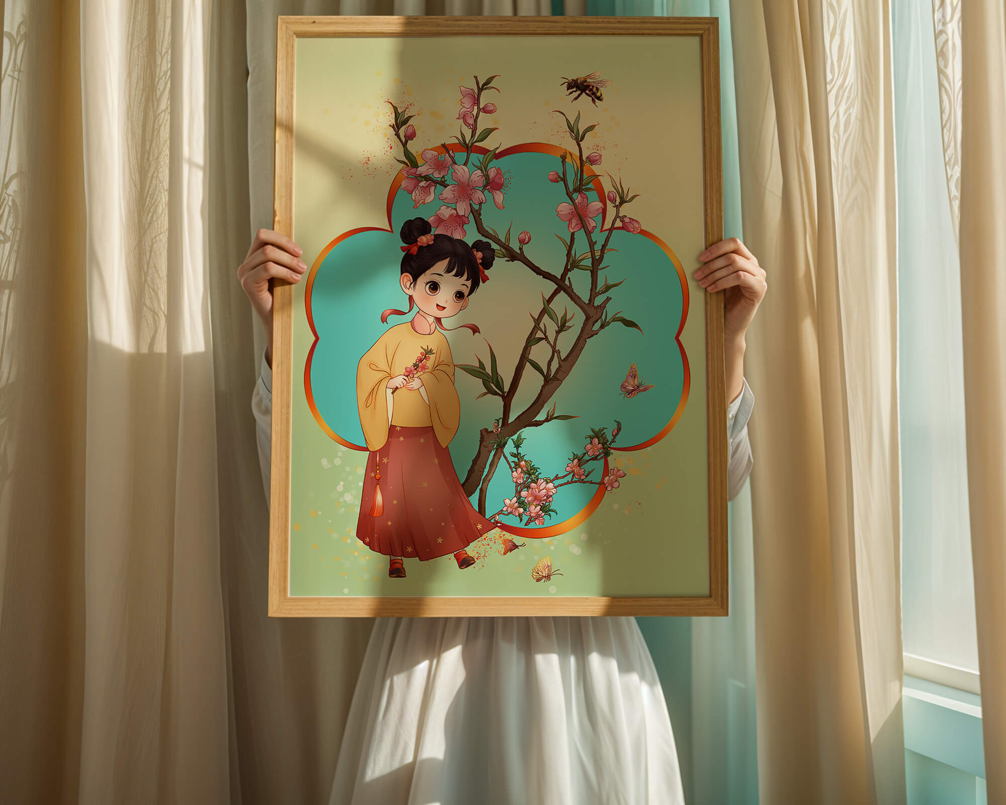 Illustration of a girl with cherry blossoms and butterflies