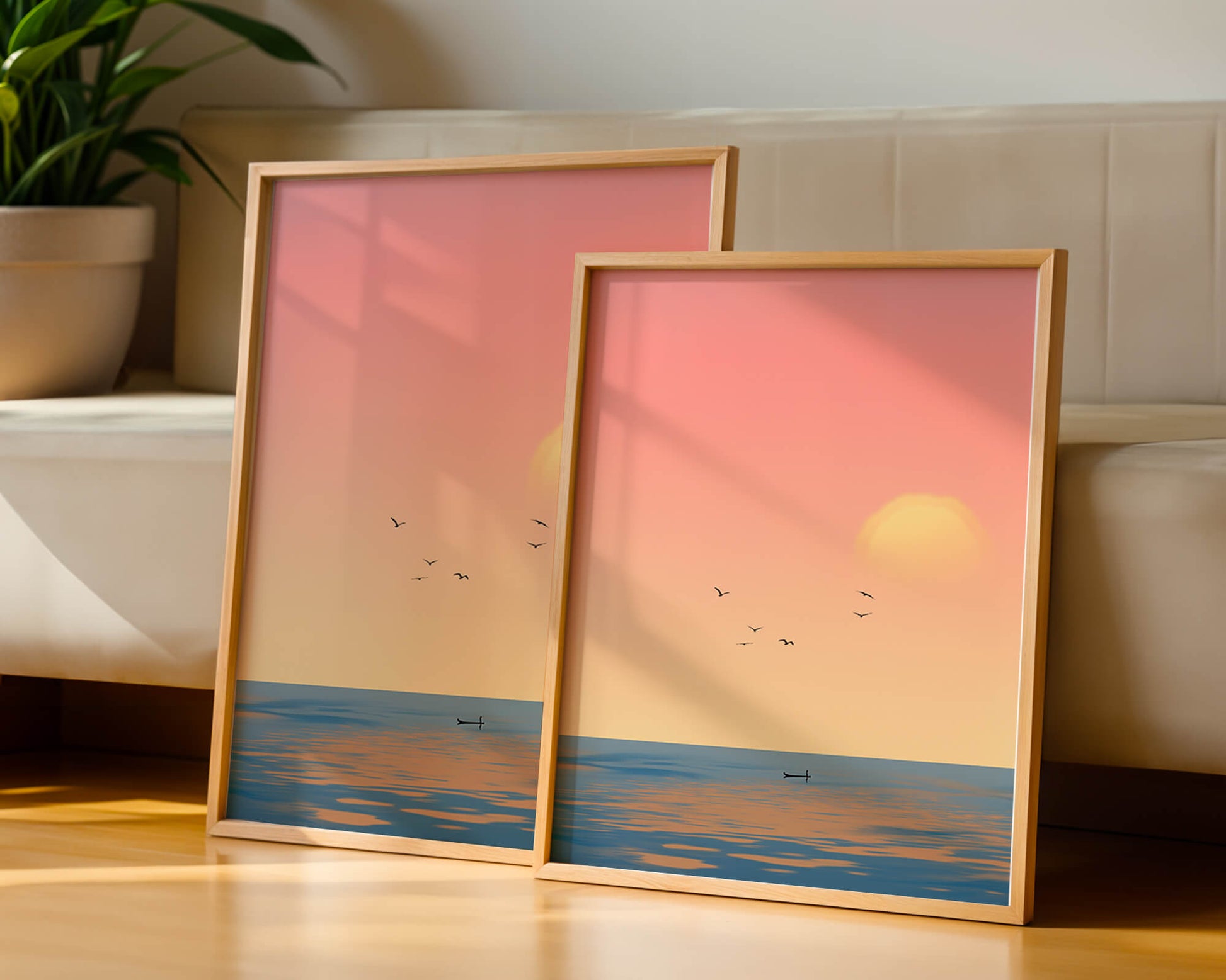 Tranquille coucher de soleil sur l'océan calme avec des oiseaux dans le ciel