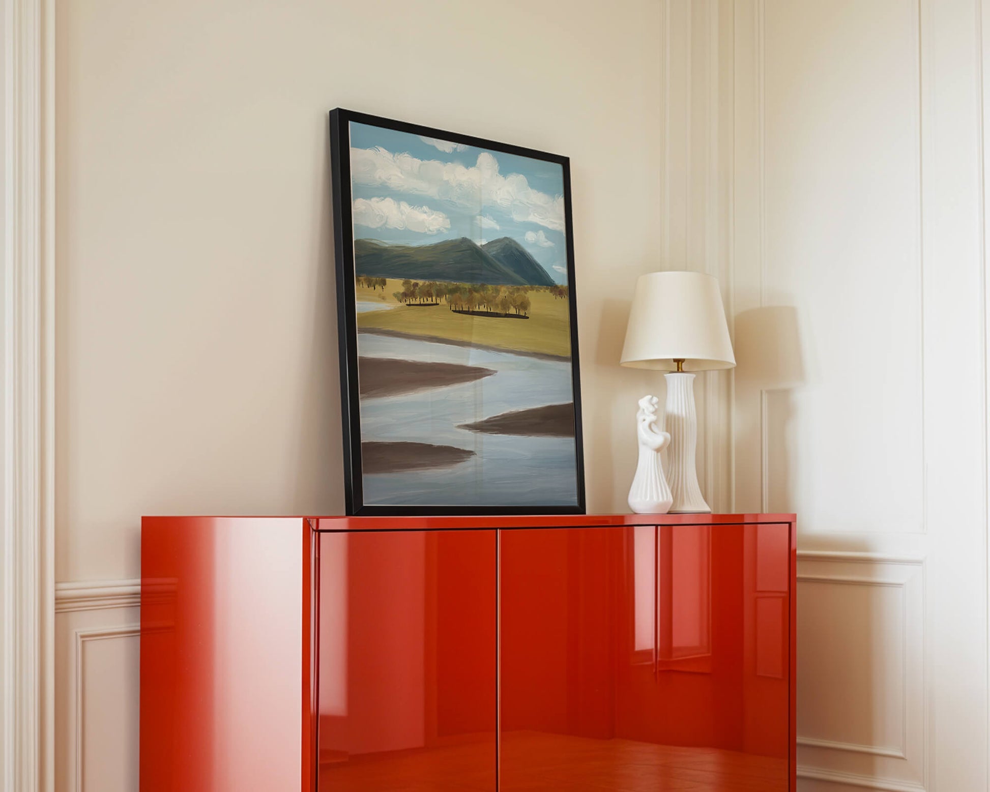 Serene Landscape with Mountains, Trees, and River