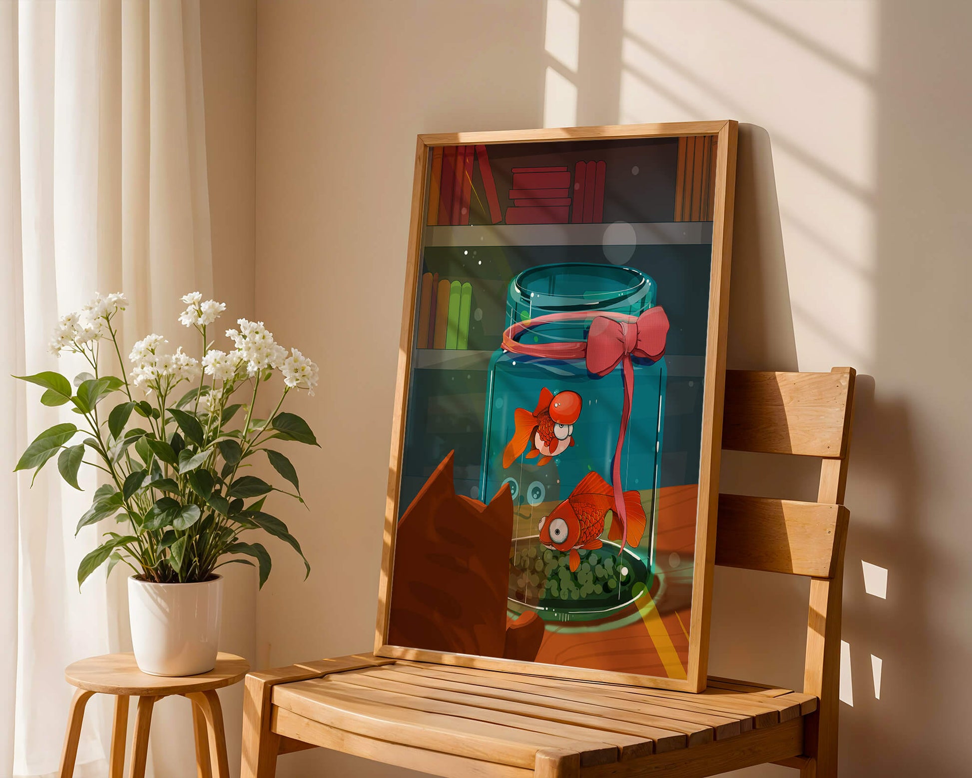 Neugierige Katze beobachtet Goldfische in einem Glas auf einem Bücherregal