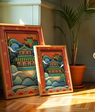 Traditionelle asiatische Architektur mit dekorativem Feuerwerk und Wellen