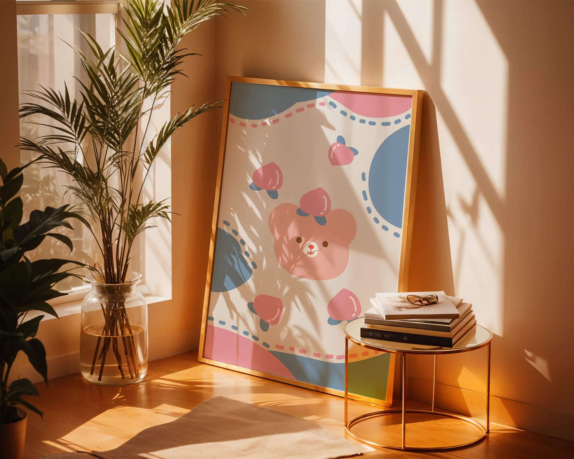 Adorable pastel bear with peaches and dotted background
