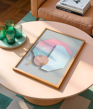 An abstract geometric art piece with pastel tones and golden accents