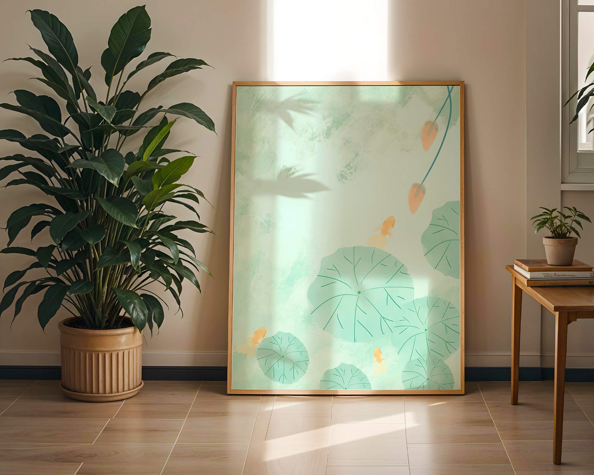 Serene Pond Scene with Goldfish and Lotus Leaves