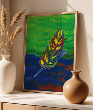 Abstract colorful feather on vibrant background