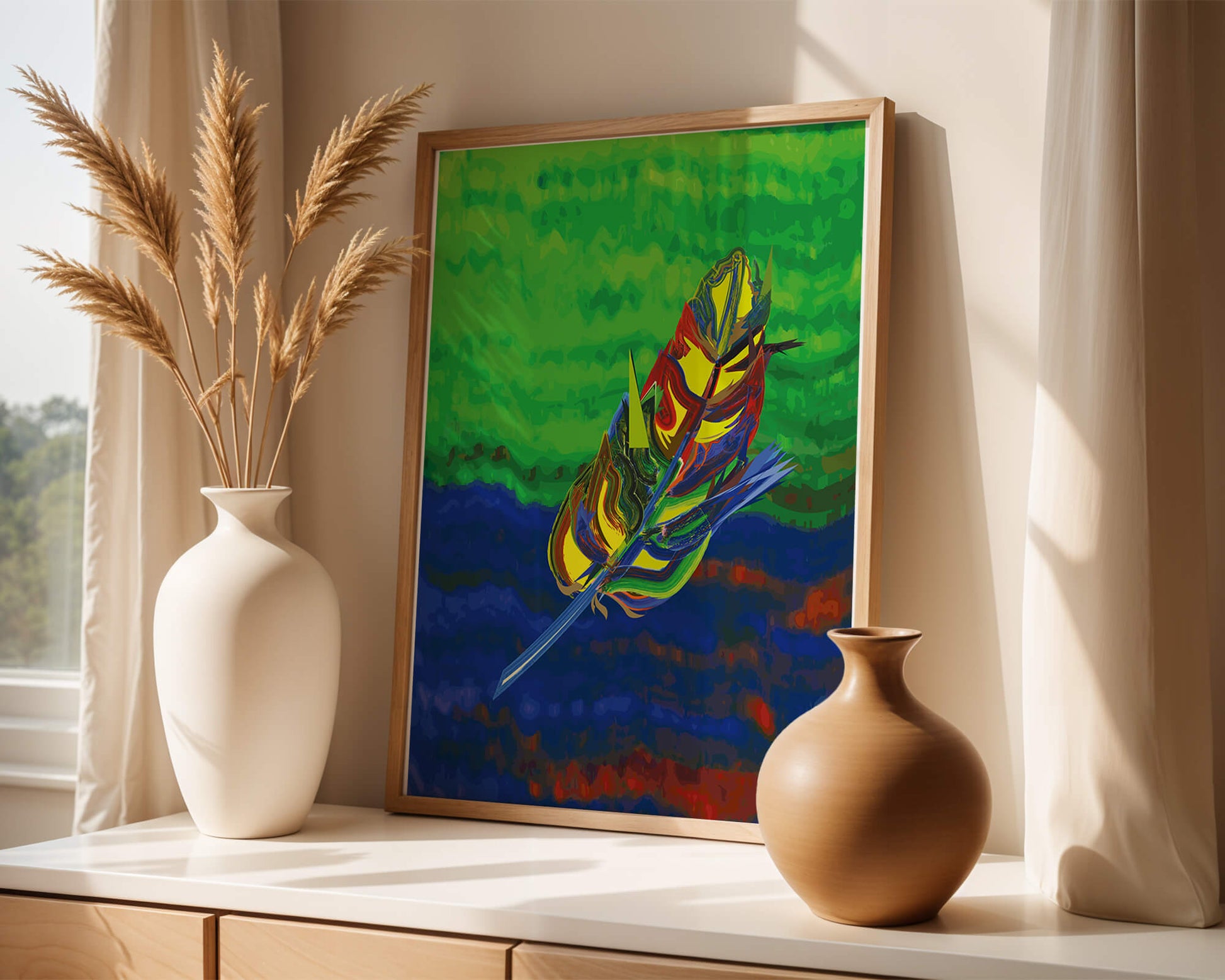 Abstract colorful feather on vibrant background