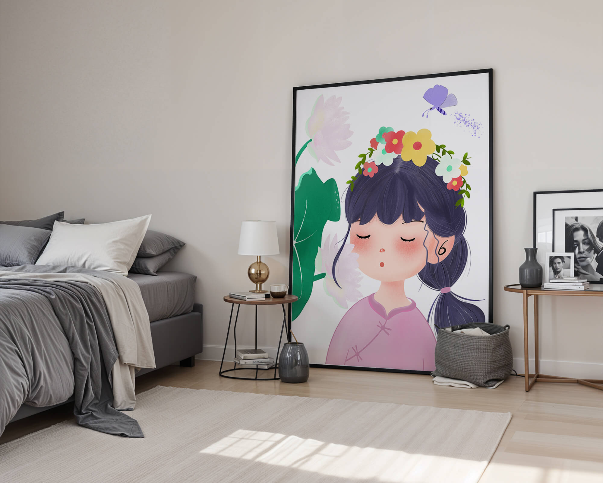 Whimsical illustration of a girl with a flower crown and butterfly