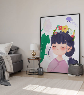 Whimsical illustration of a girl with a flower crown and butterfly