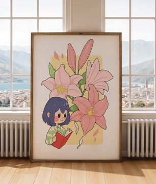 Illustration d'une fille lisant avec de grands lys roses en arrière-plan
