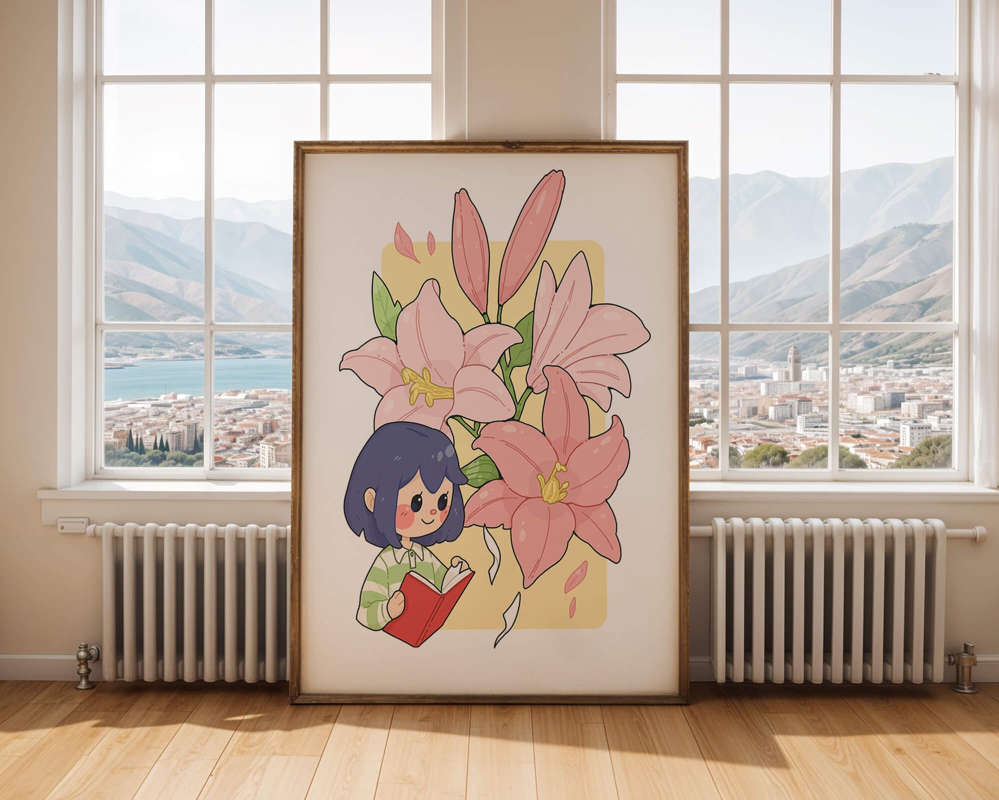 Illustration of a girl reading with large pink lilies in the background