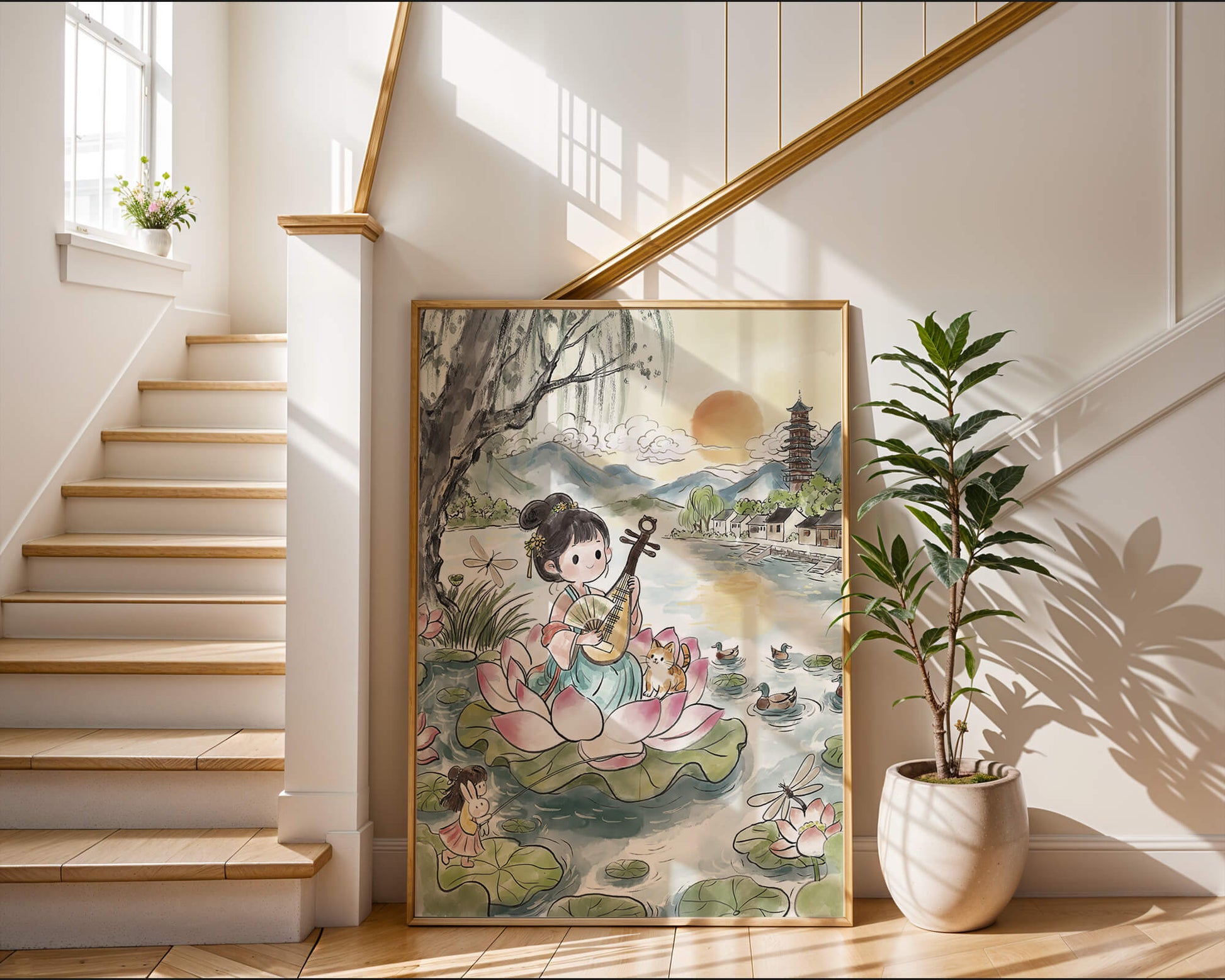 Traditional Asian Scenery with Girl Playing Instrument on Lotus Pond at Sunset