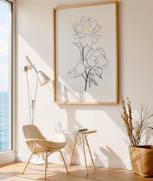 Elegante Pfingstrosen-Linienkunst mit goldenen Akzenten