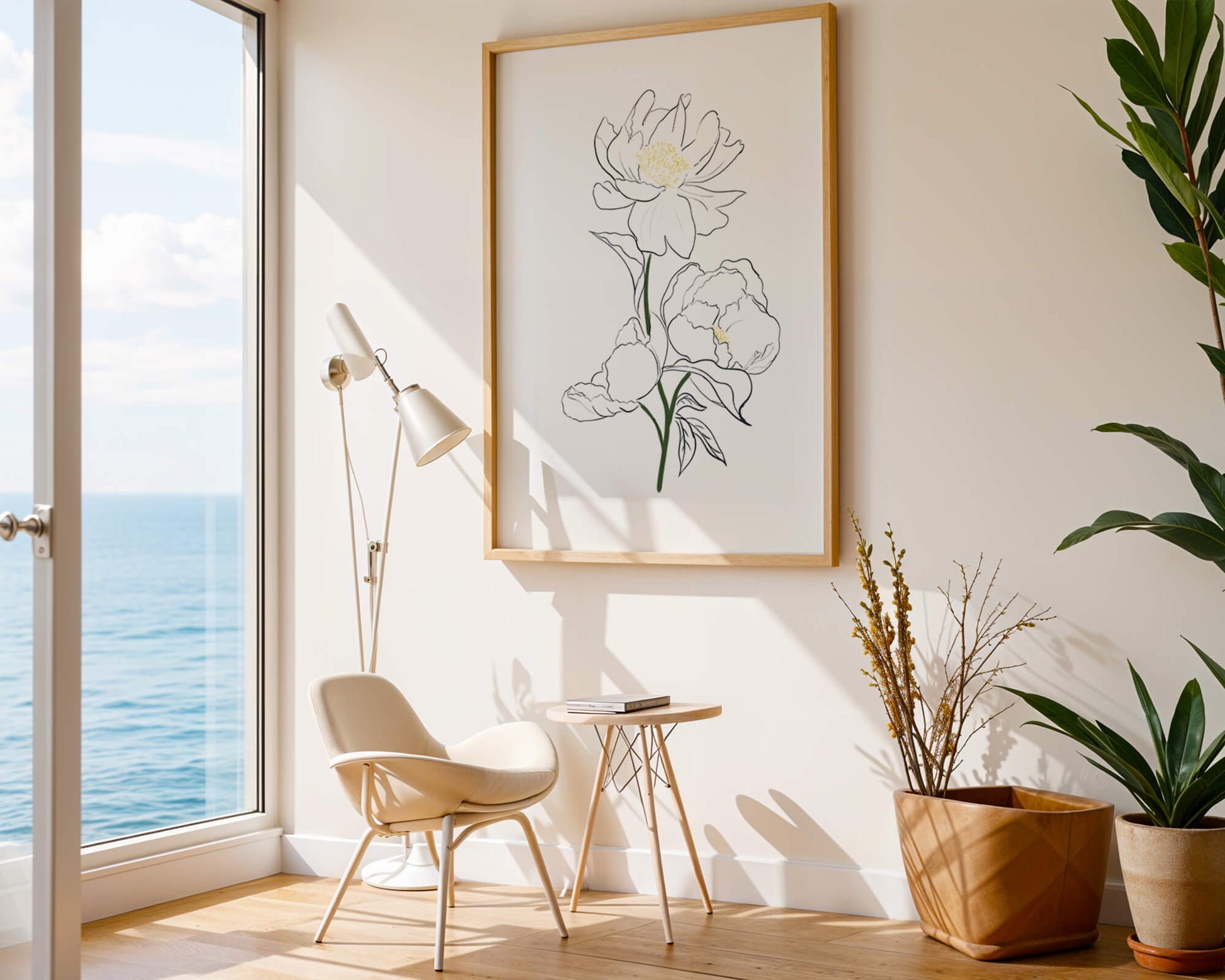 Elegante Pfingstrosen-Linienkunst mit goldenen Akzenten