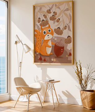 Orange Squirrel with Acorn in Autumn Forest