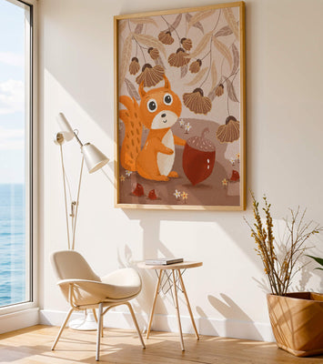 Orange Squirrel with Acorn in Autumn Forest