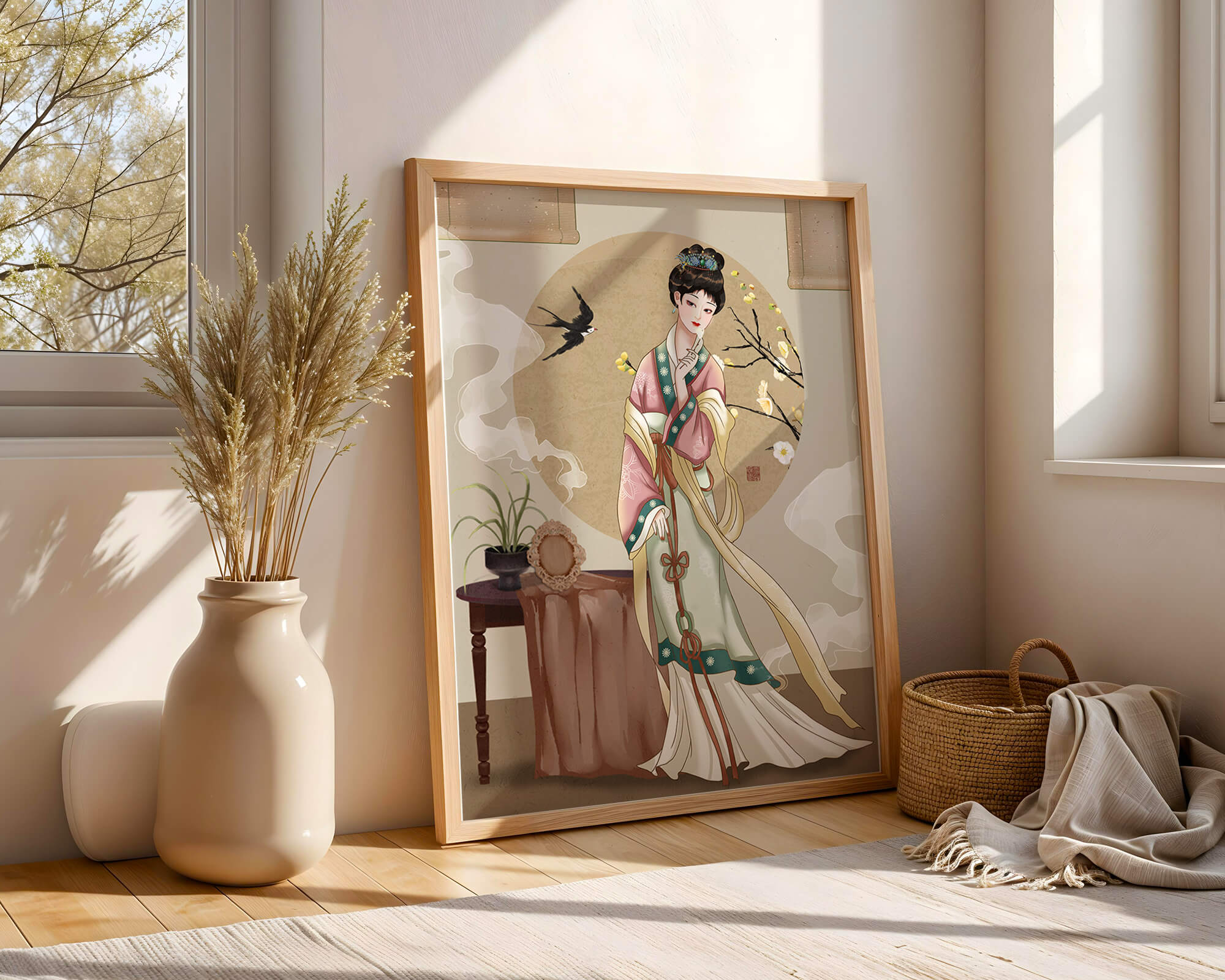 Elegant traditional Asian lady in classic attire with nature elements