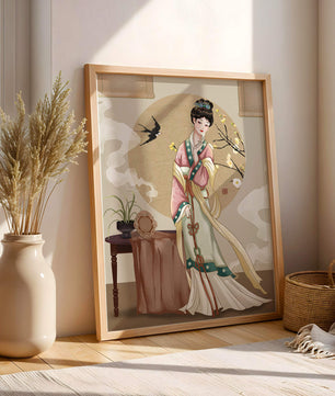 Elegante traditionelle asiatische Dame in klassischer Kleidung mit Naturelementen