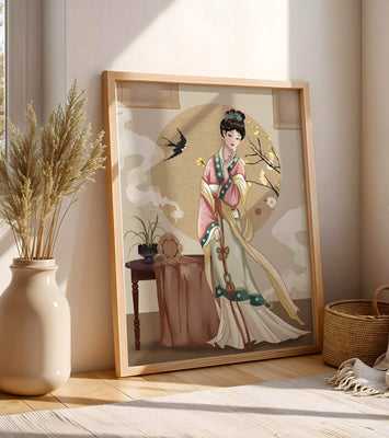 Elegant traditional Asian lady in classic attire with nature elements