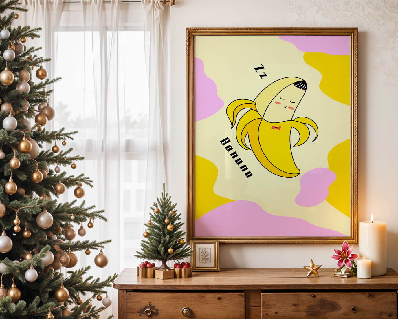 Playful illustration of a sleeping banana with colorful abstract background
