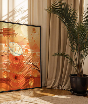 Scène de festival traditionnel chinois avec des lanternes et des raviolis